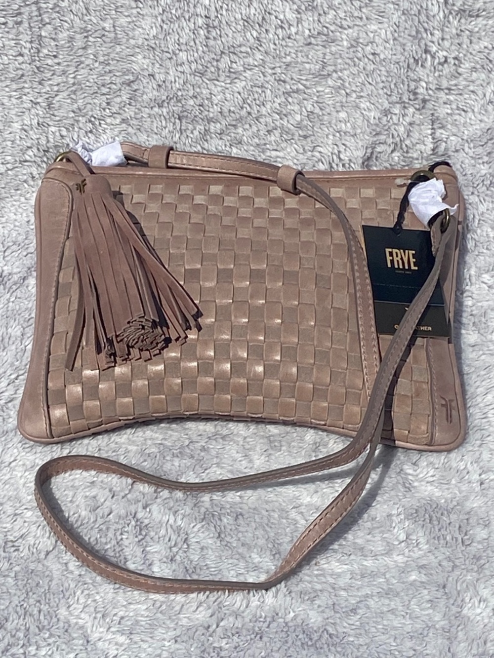 Fyre Oriana Crossbody Clutch Purse, Tan Woven Leather Bag (NWT)